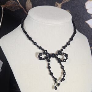 Black Beaded Ribbon Bow Choker Necklace Faceted Sparkly Beads 12" - 16"